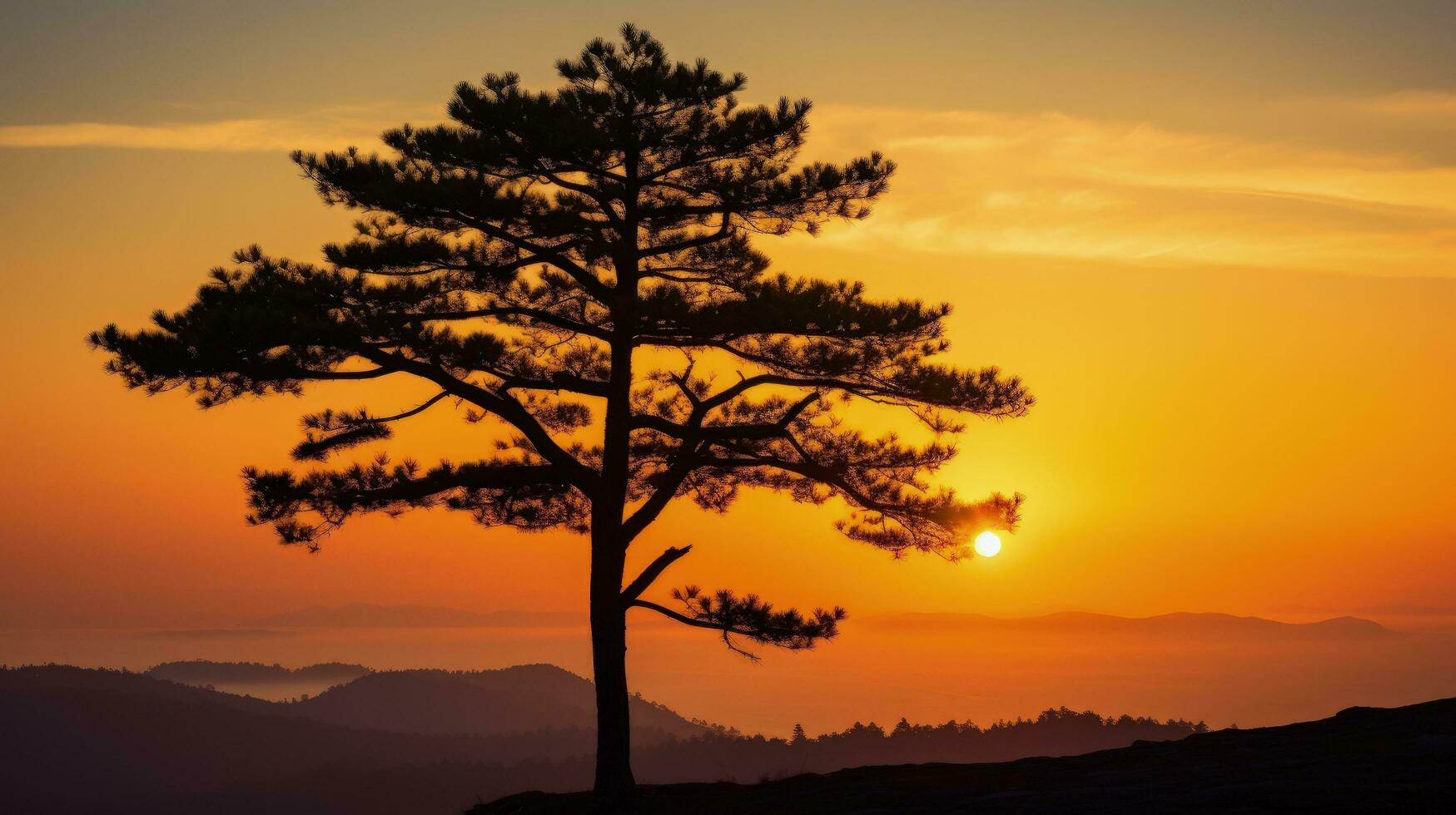 Sunrise silhouette of a pine tree photo