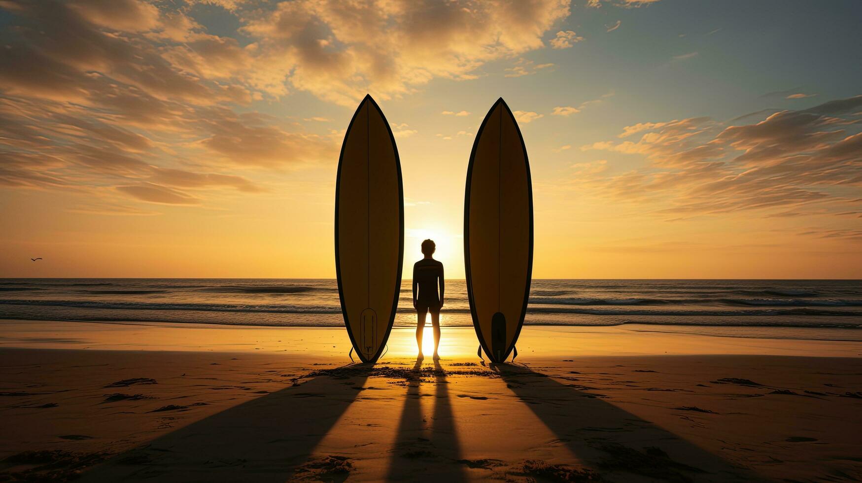 Two boys with body boards on the beach their silhouettes contrasting against the backdrop photo