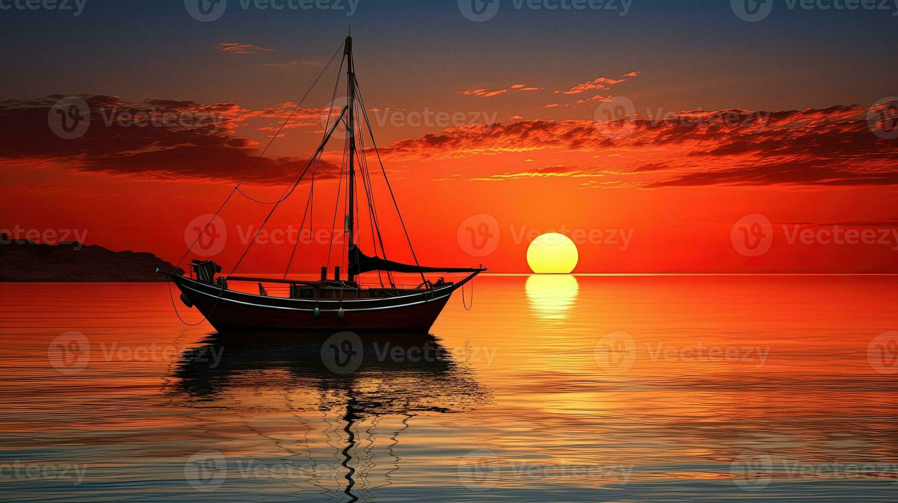 Boat silhouette against a fiery sunset at sea photo