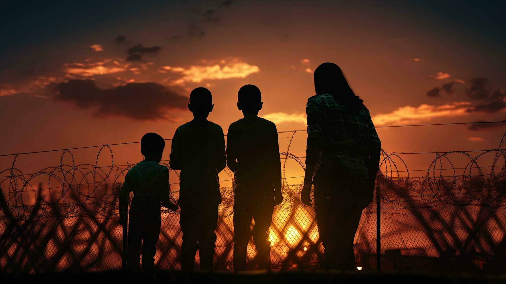 Silhouetted refugees children guards and fence against evening city backdrop photo
