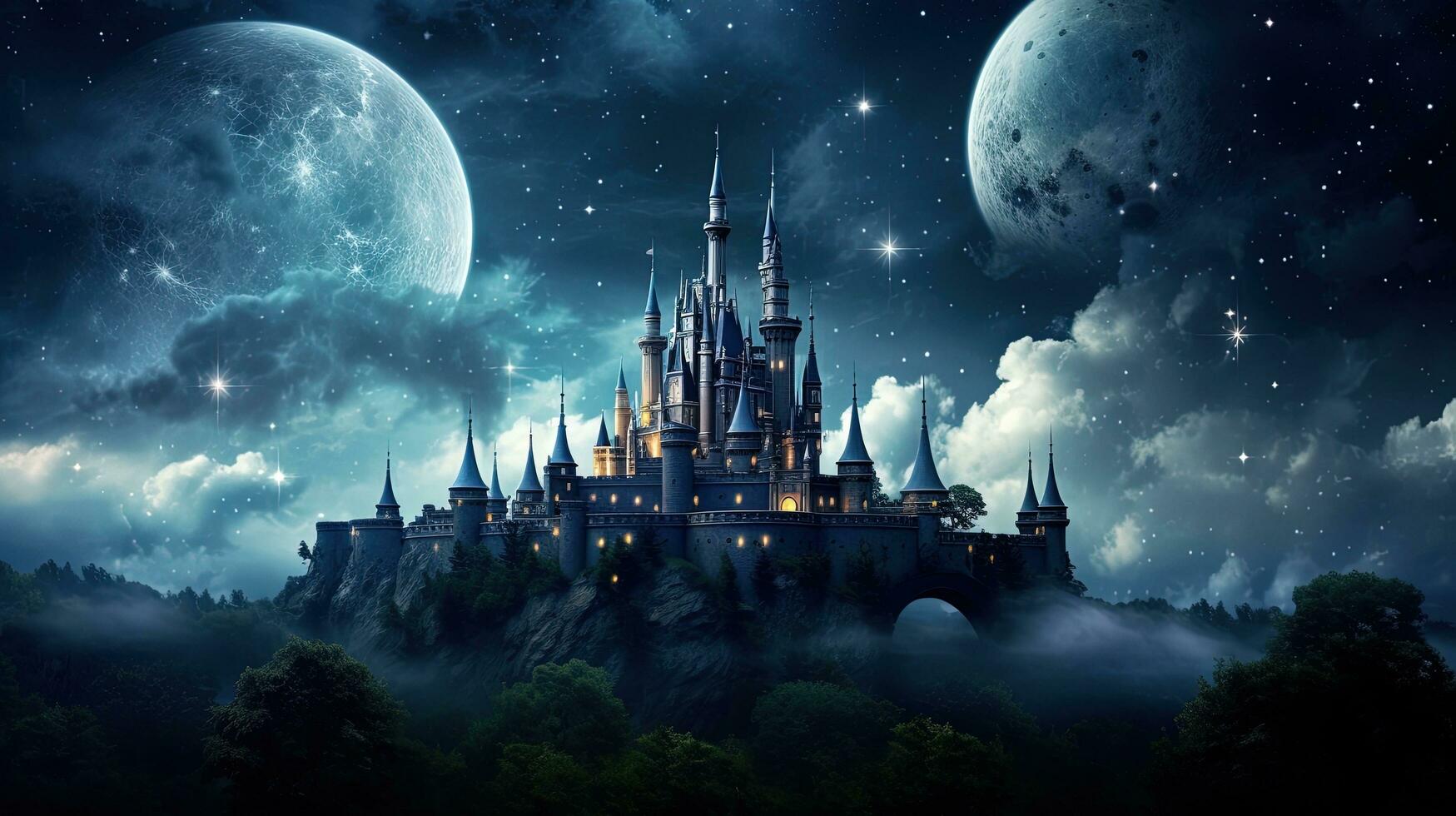 Beautiful castle under moonlit sky in fairy tale. silhouette concept photo