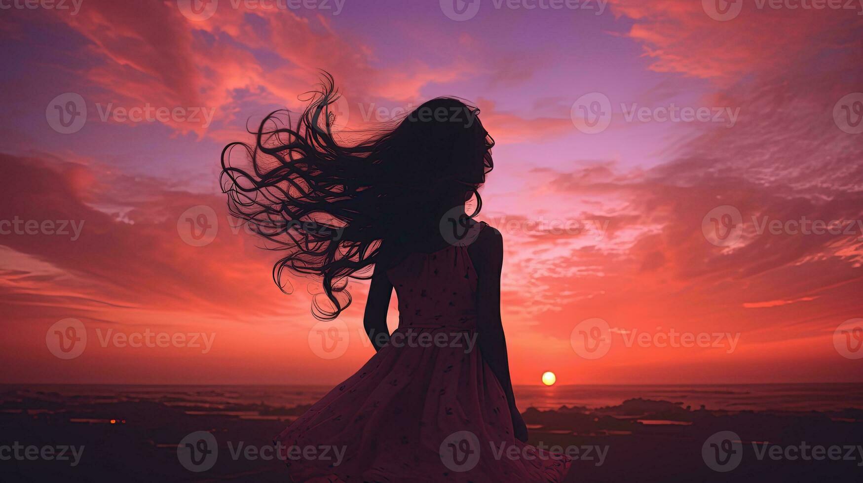 Girl under a pink sunset sky. silhouette concept photo