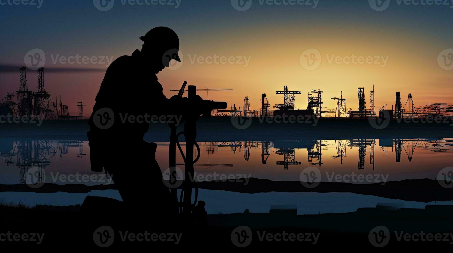 Inspector working at construction during twilight creating a silhouette photo