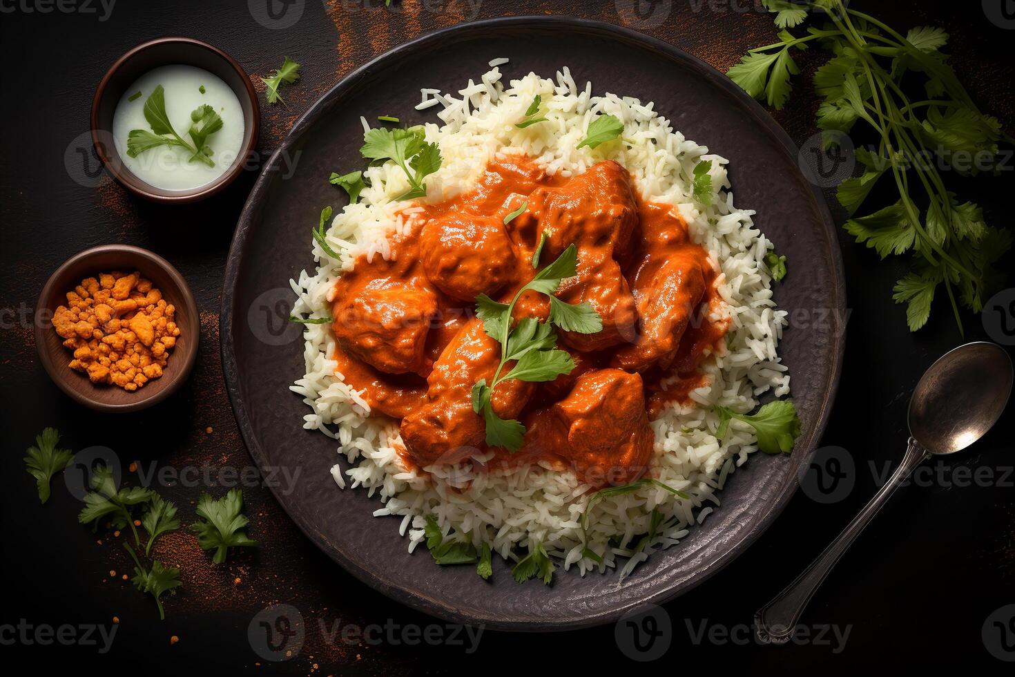 Delicious Plate of Butter Chicken and Rice, top view, dark background. photo