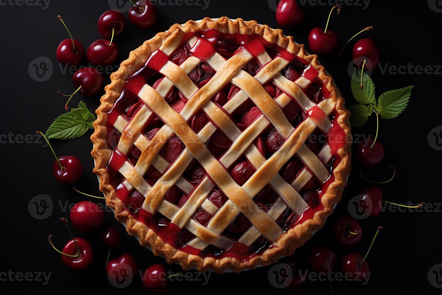 Overhead View of Delicious Cherry Pie , dark background. photo