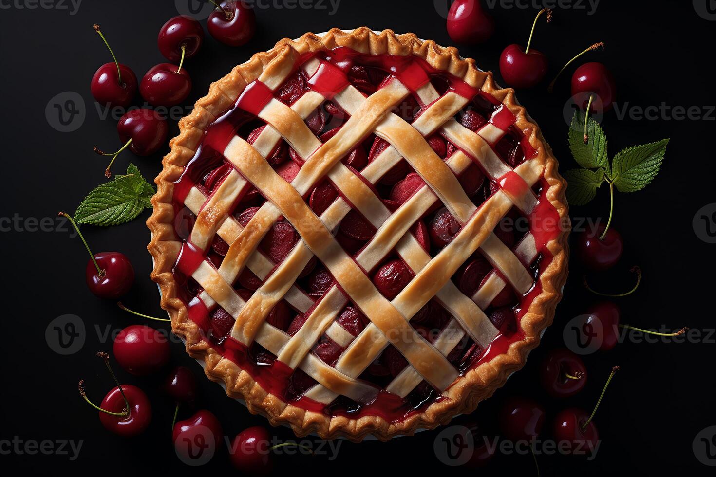 Overhead View of Delicious Cherry Pie , dark background.ai generative photo