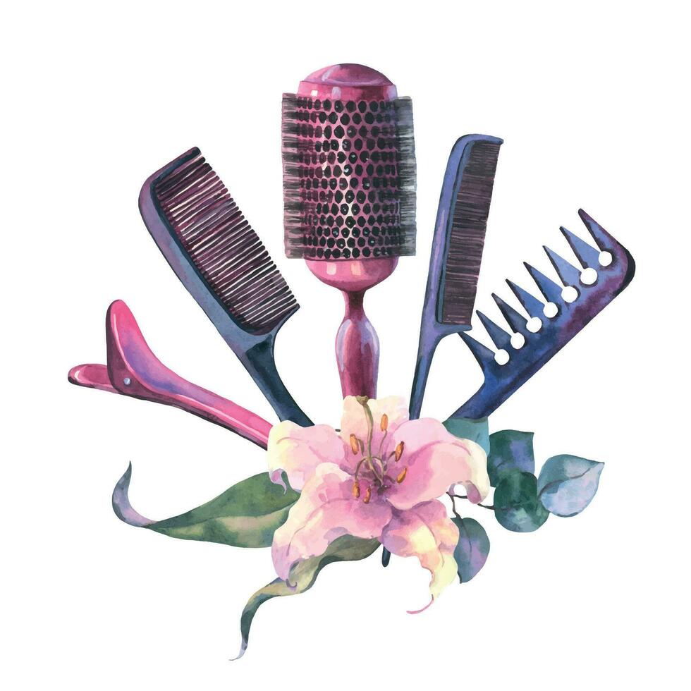 Watercolor Hairdressing illustration. Barber shop set. Hand-drawn Hairdresser tools. Stylish graphic. Design for logo, t shirt and uniform vector
