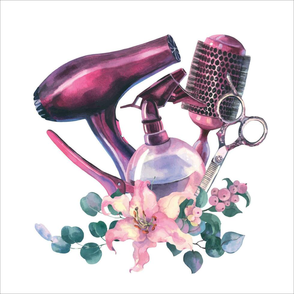 Watercolor Hairdressing illustration. Barber shop set. watercolor composition with hair dryer, water spray, comb, scissors and hair clip decorated with lily flowers and eucalyptus leaves. vector