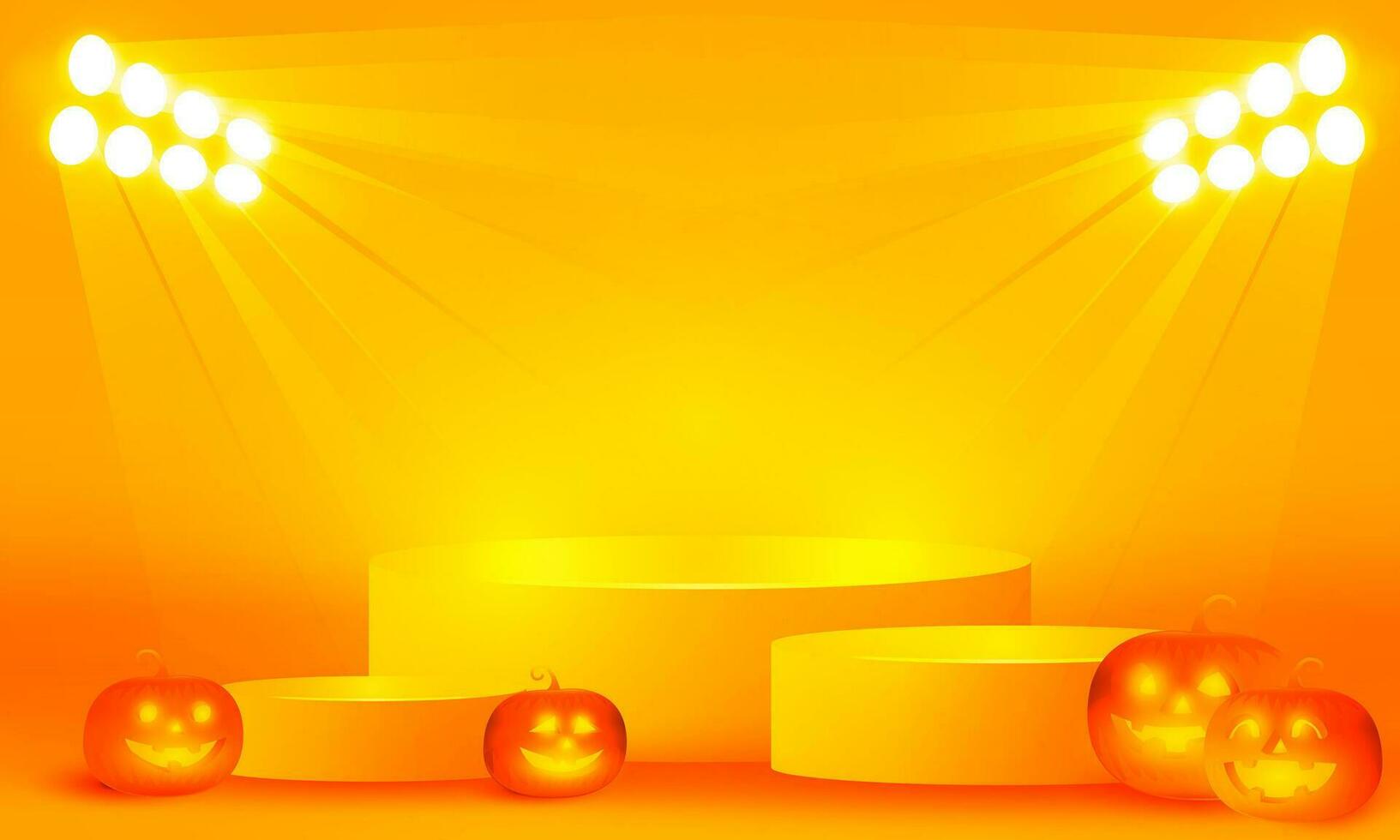 brillante estadio neón luces naranja Víspera de Todos los Santos podio fondo, púrpura podio Tres paso con calabaza gracioso cara para producto mostrar, vector ilustración