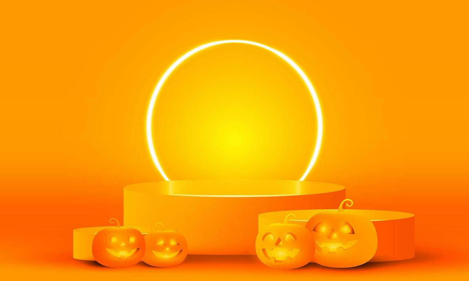 Bright stadium neon lights orange Halloween podium background, purple podium three step with pumpkin funny face for product display, Vector illustration