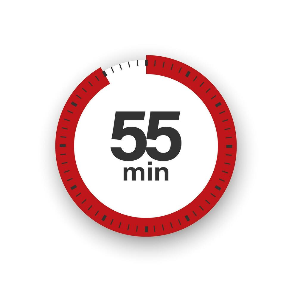 55 minutes timer. Stopwatch symbol in flat style. Editable isolated vector illustration.
