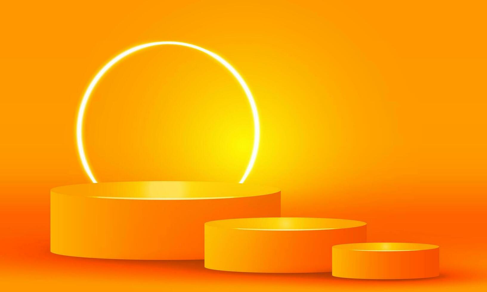 Bright stadium neon lights orange abstract room with circle glowing neon lamp lighting Stage for showcase. vector design.