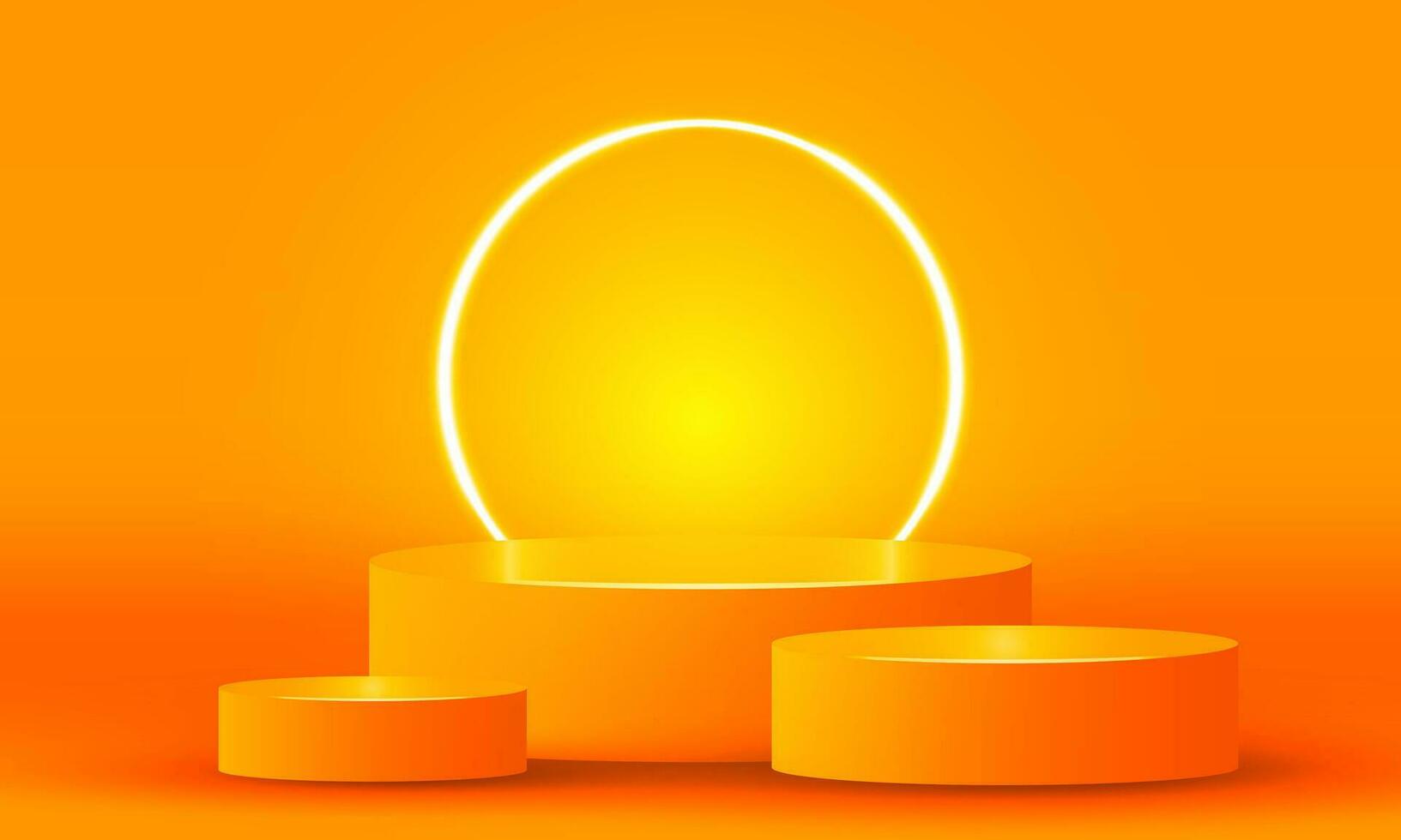 brillante estadio neón luces naranja resumen habitación con circulo brillante neón lámpara Encendiendo etapa para escaparate. vector diseño.