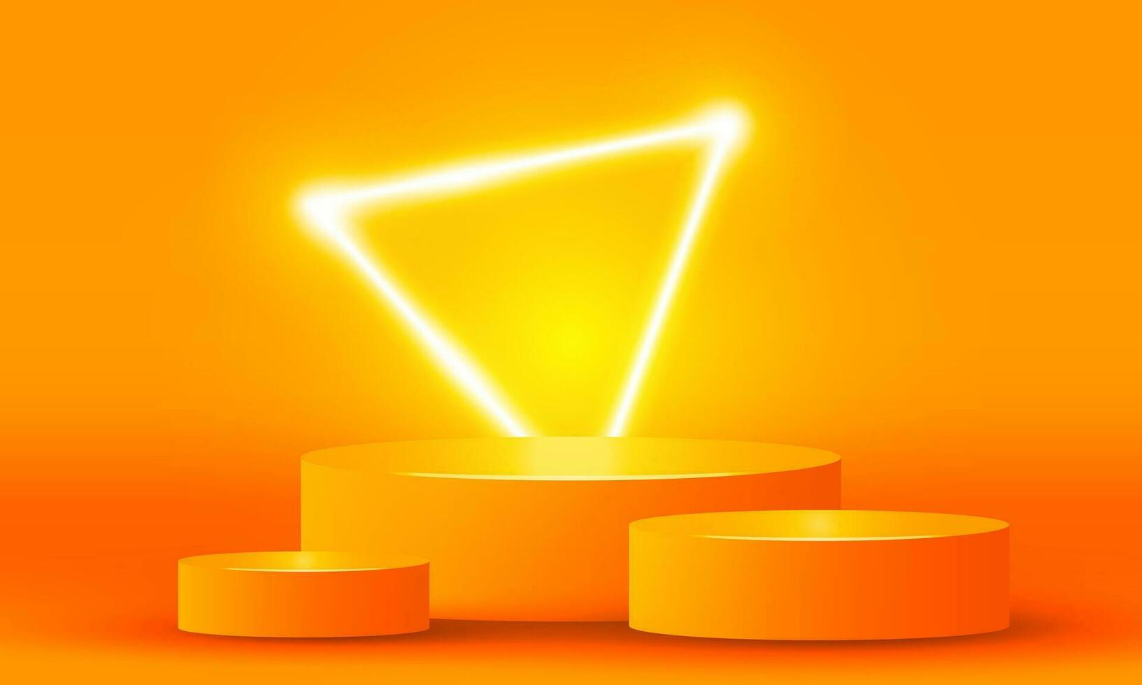 brillante estadio neón luces naranja resumen habitación con neón triangulos. lámpara Encendiendo etapa para escaparate. vector diseño.
