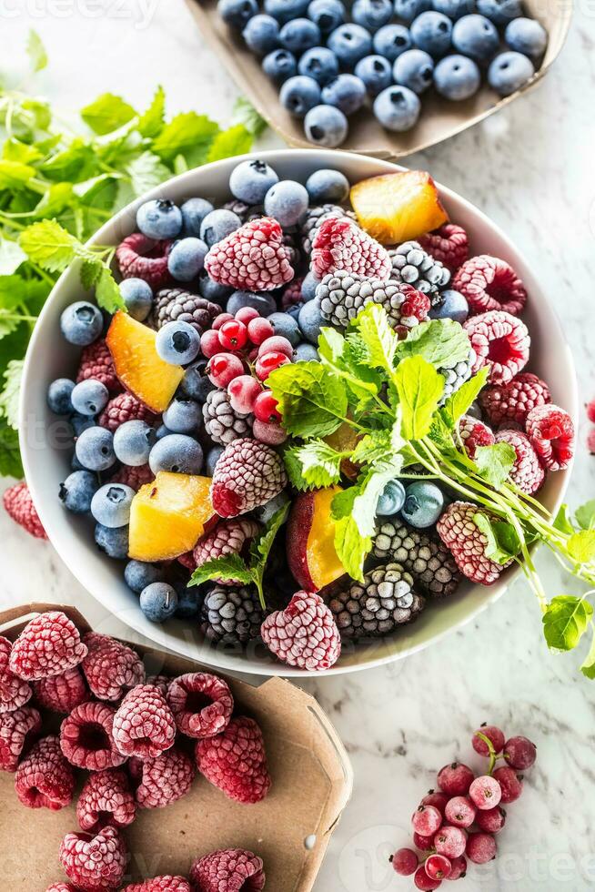 Frozen fruits blueberries blackberry raspberry red currant peach and herbs melissa photo