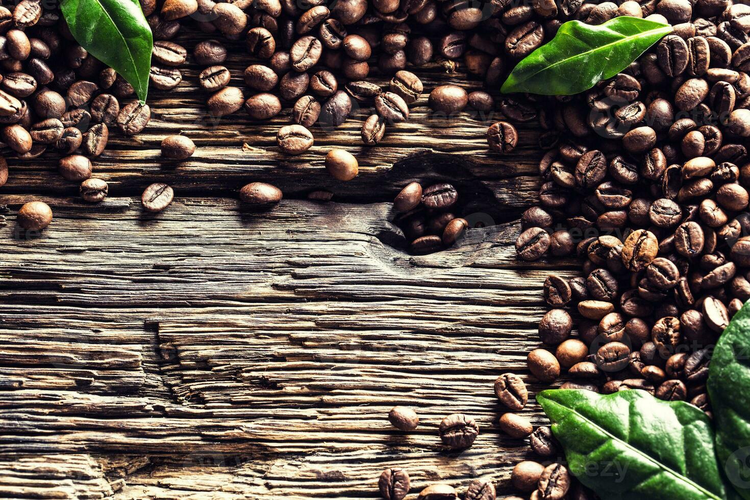 Top of view coffee beans and green leaves on rustic oak table photo