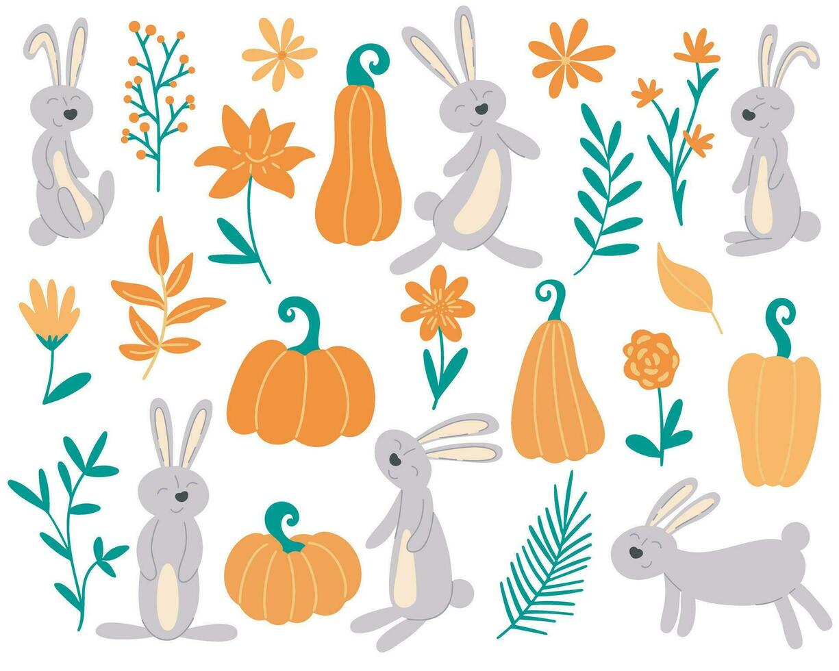 Cute bunnies, herbs and flowers autumn set vector