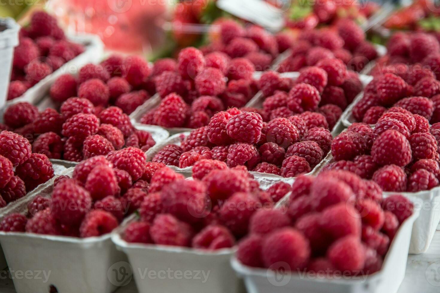 frambuesas en un granja mercado en el ciudad. frutas y vegetales a un agricultores mercado foto