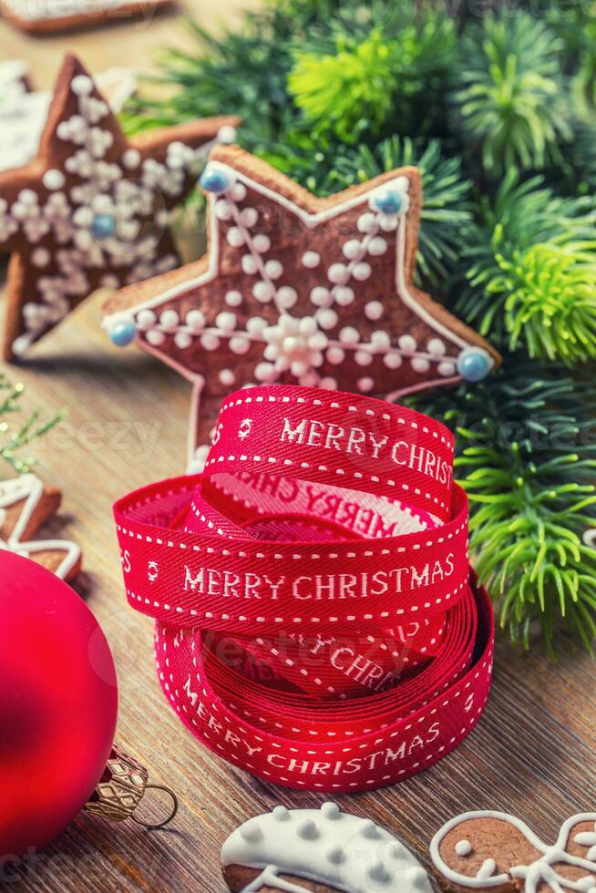 Christmas. Christmas ribbon pastry gingerbread and decoration photo