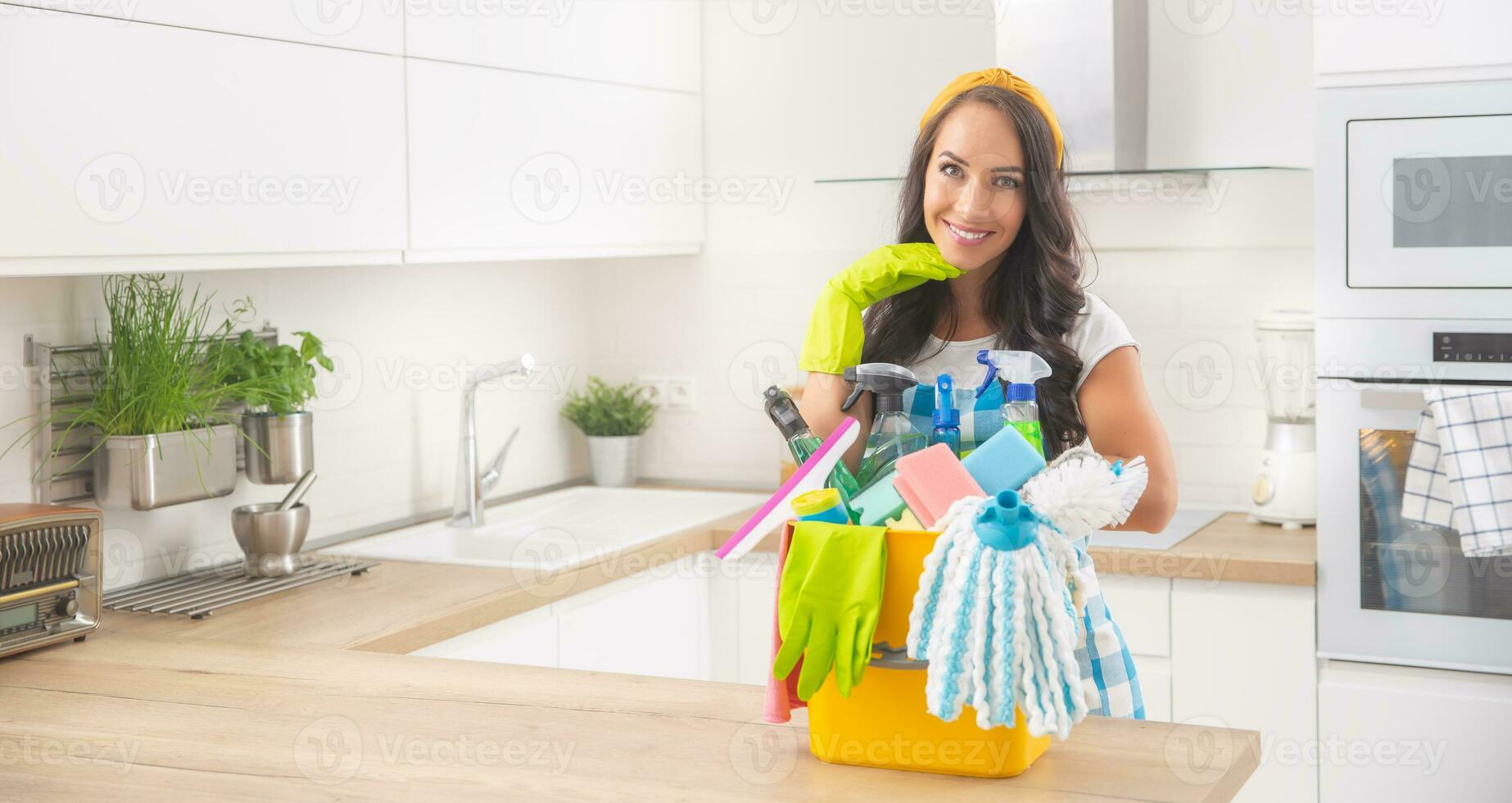 Smiling beautiful lady standing behind a modern kitchen desk, dressed-up for housecleaning with detergents and rugs in front of her photo