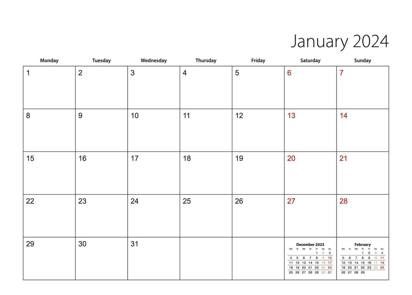 enero 2024 sencillo calendario planificador, semana empieza desde lunes. vector