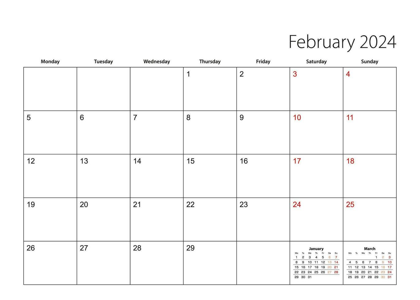 February 2024 simple calendar planner, week starts from Monday. vector