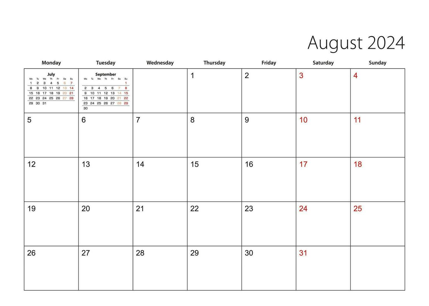 August 2024 simple calendar planner, week starts from Monday. vector