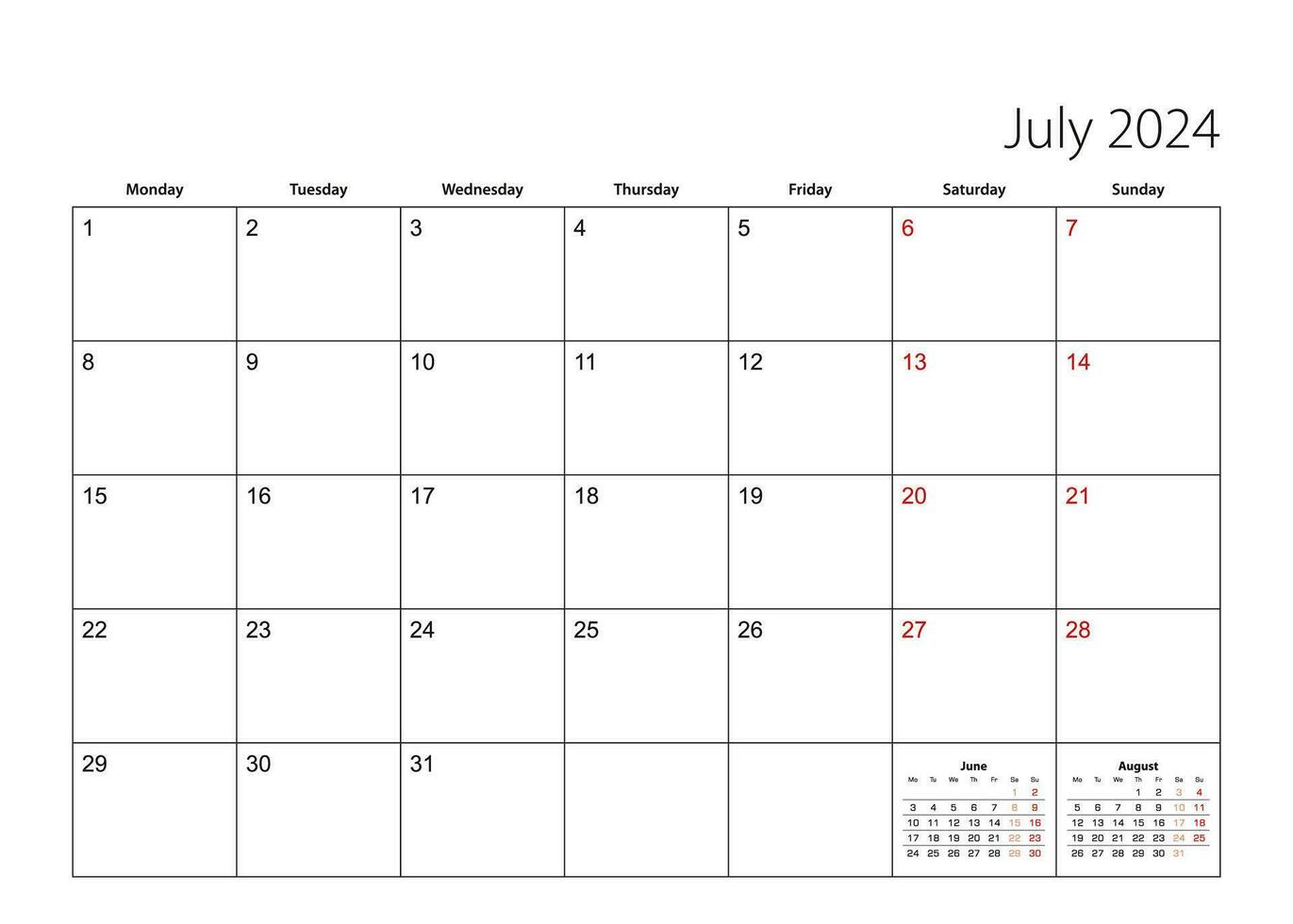 July 2024 simple calendar planner, week starts from Monday. vector