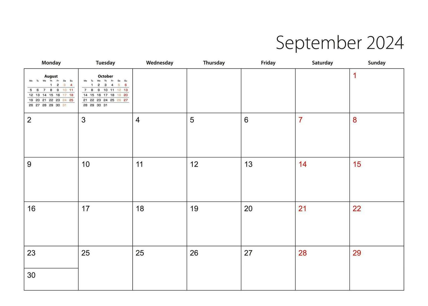 September 2024 simple calendar planner, week starts from Monday. vector