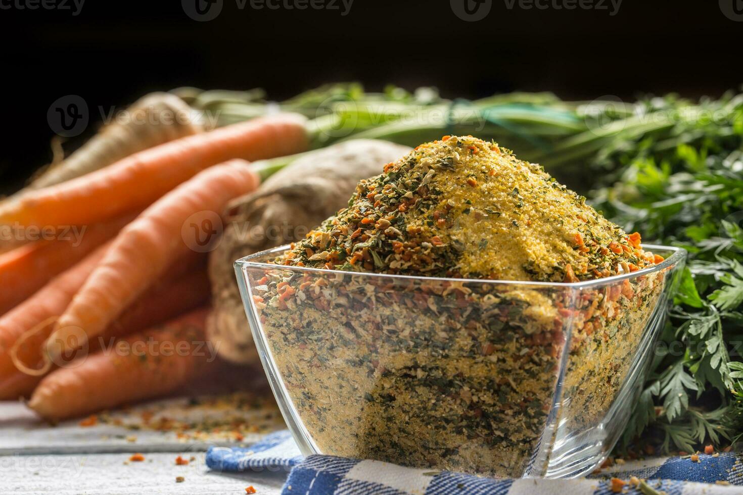 Seasoning spices condiment vegeta from dehydrated carrot parsley celery parsnips and salt with or without glutamate photo