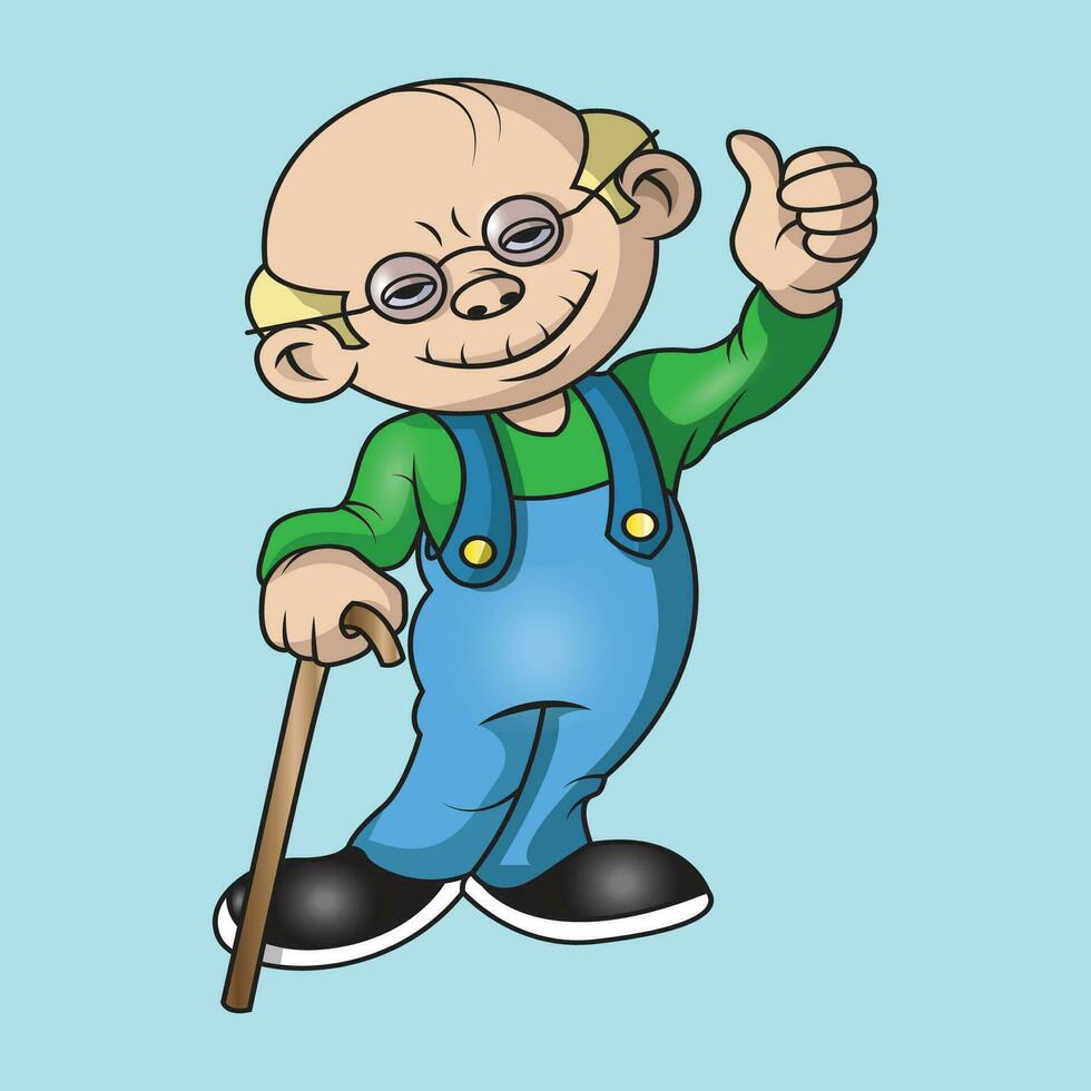 an old man holding a stick and raising his thumb vector