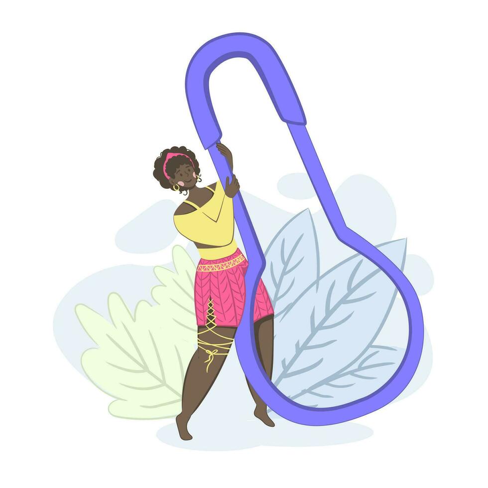 young African American woman in a trendy crochet knitted skirt holds a huge knitting marker. Concept vector illustration.