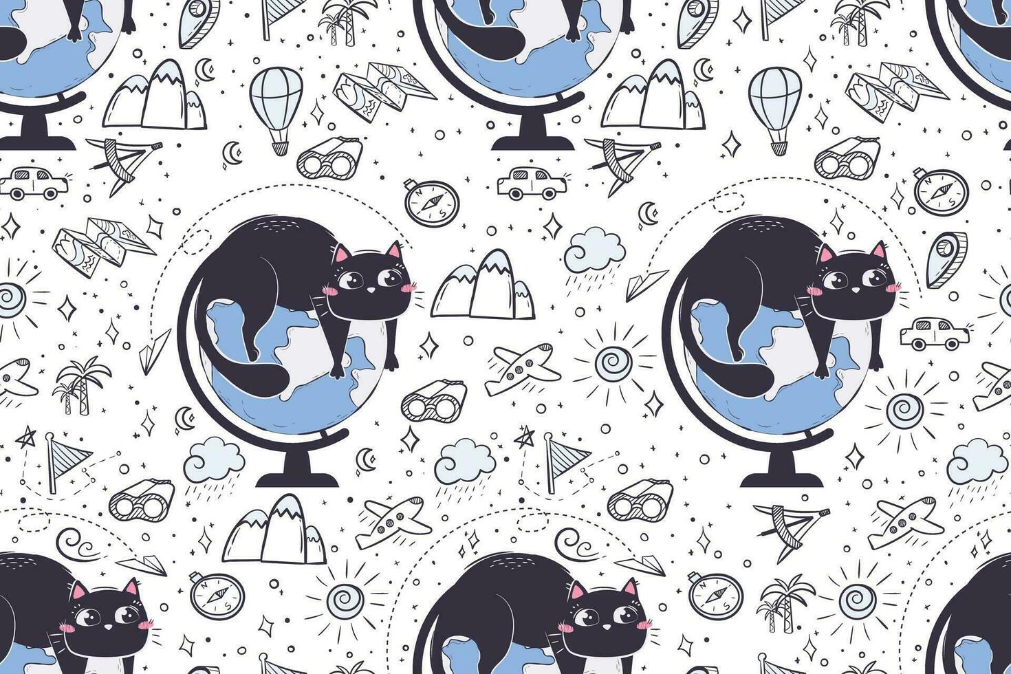 Seamless pattern in doodle style with funny cat for school subject geography. Background for educational stationery and textiles vector