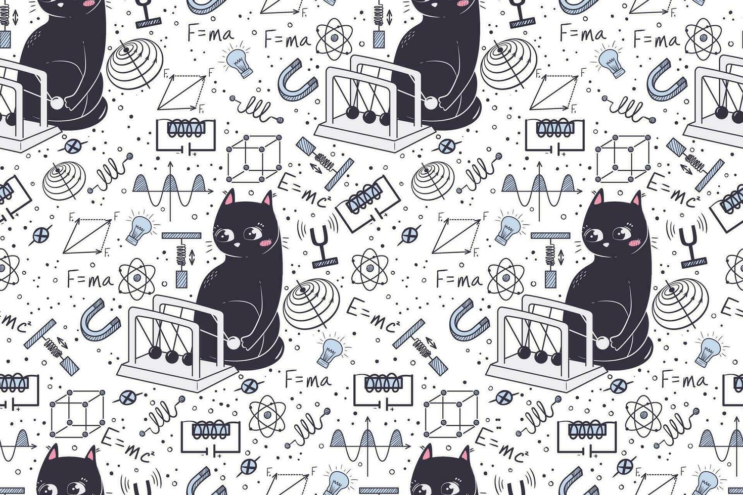 Seamless pattern in doodle style with funny cat for physics school subject. Background for educational stationery and textiles. vector