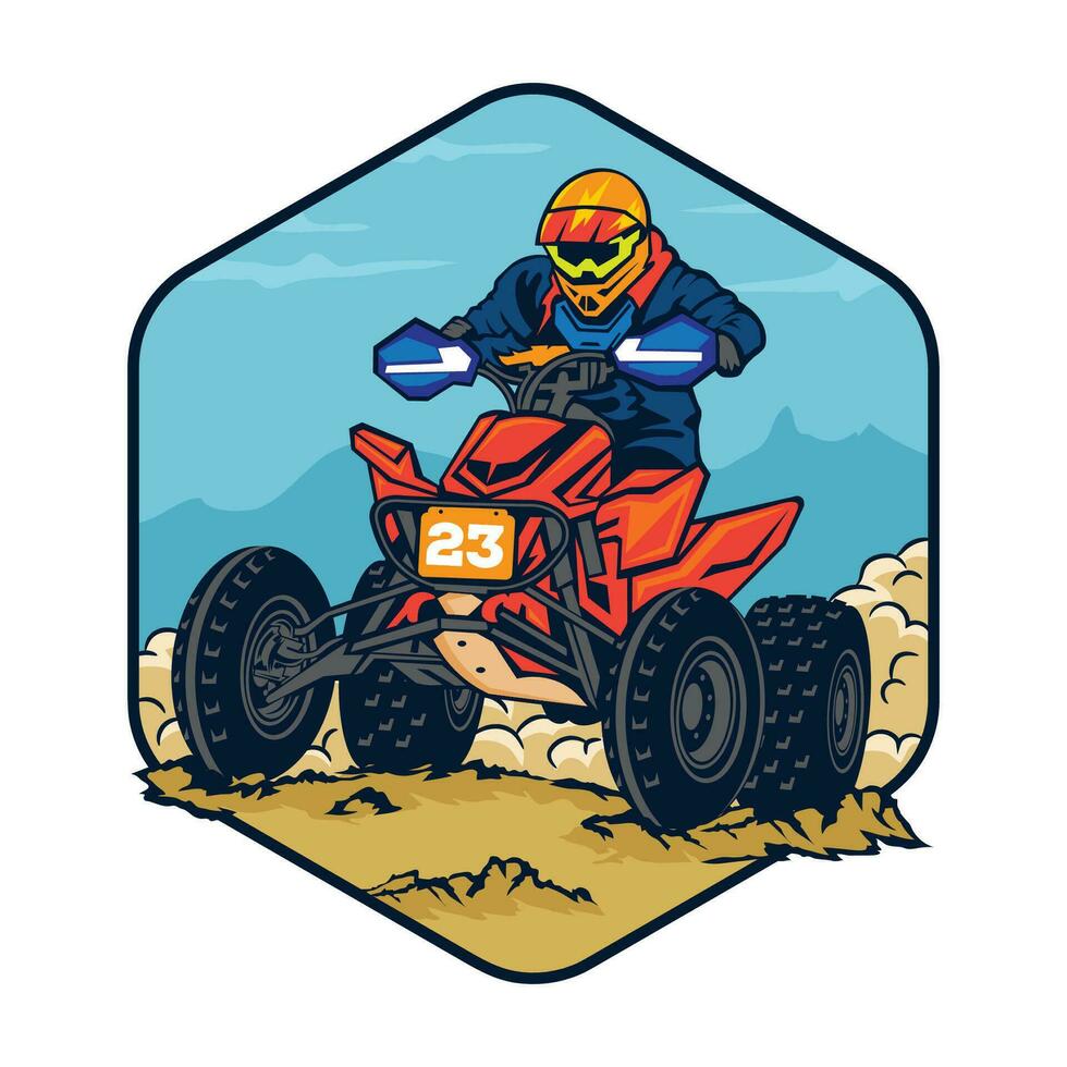 quad atv carreras deportivas extremas en el diseño del logotipo de la insignia, bueno para el diseño de camisetas y el logotipo del evento del campeonato vector