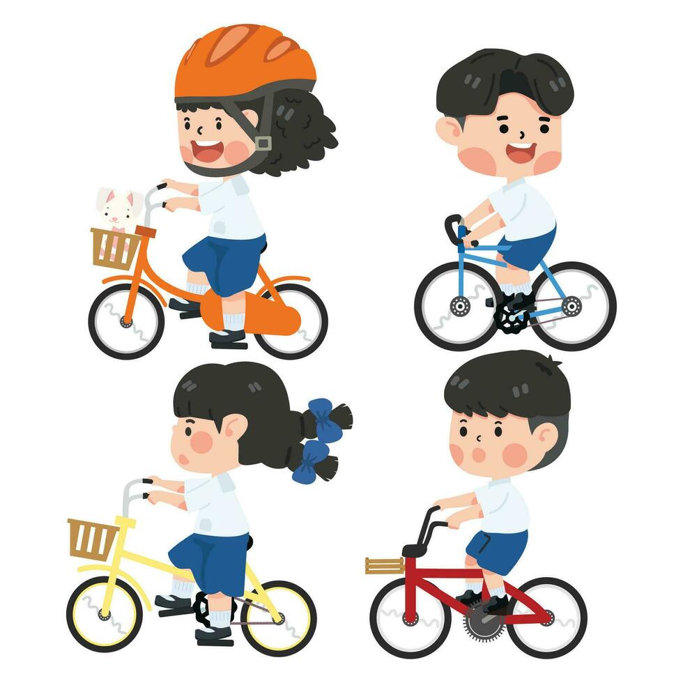 Cute kids student riding bicycle going to school set vector