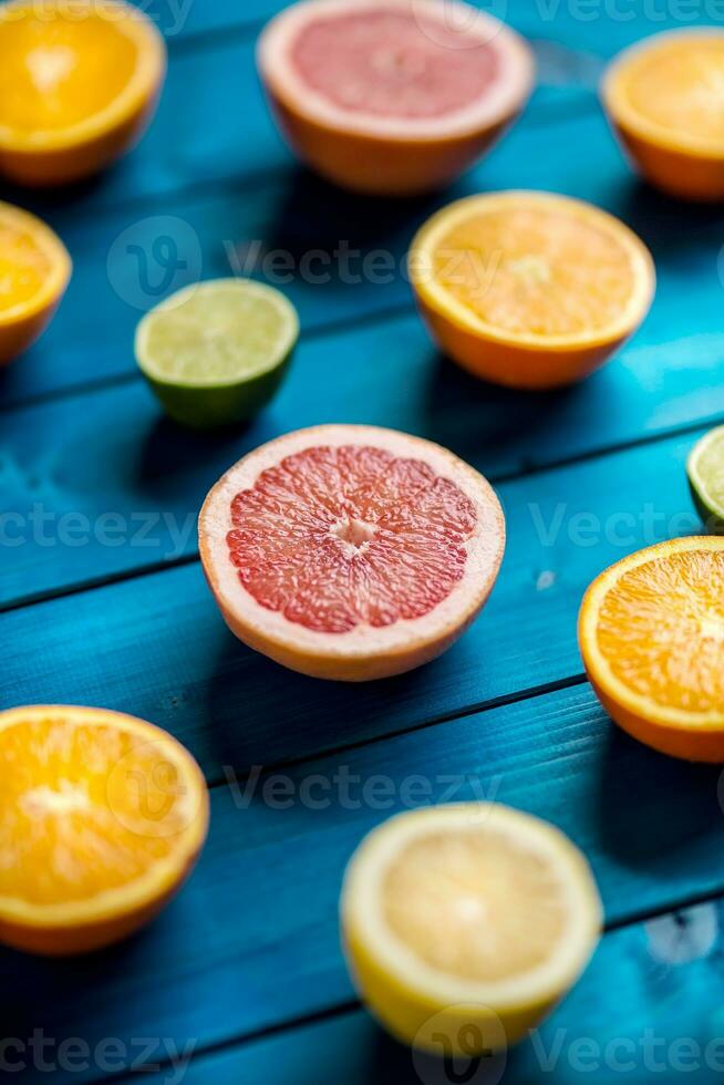 Oranges limet lemon and grapefruit on blue table. photo