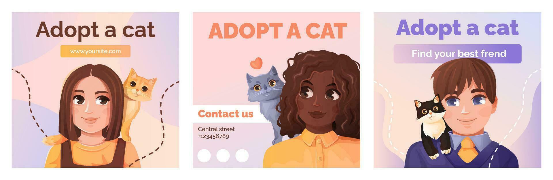 Cute kids with cats on their shoulders. Templates for a cat shelter. vector