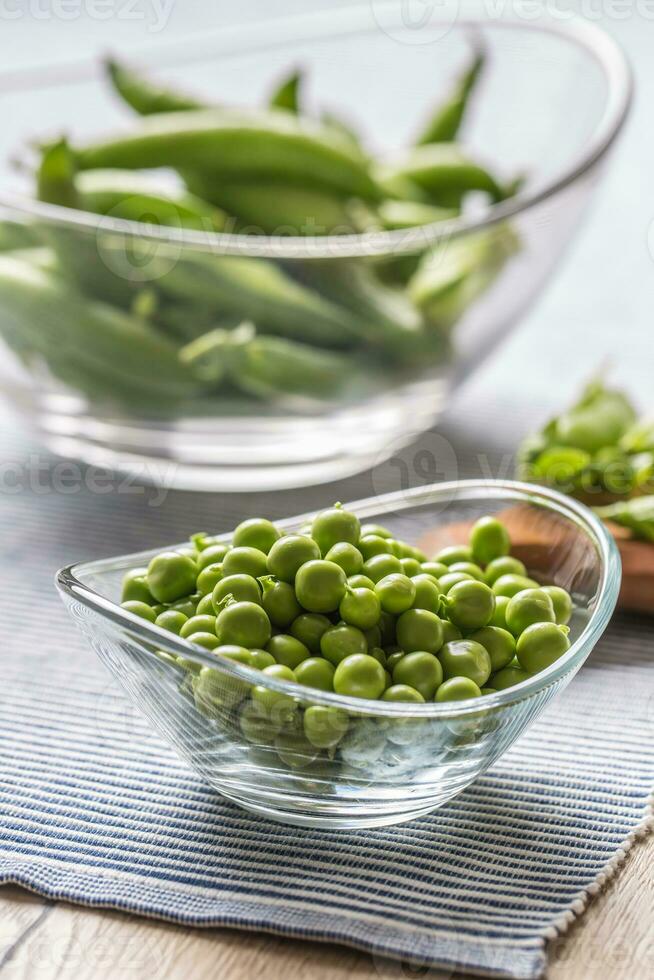 Fresh green pea seeds in bowl on kitchen table photo