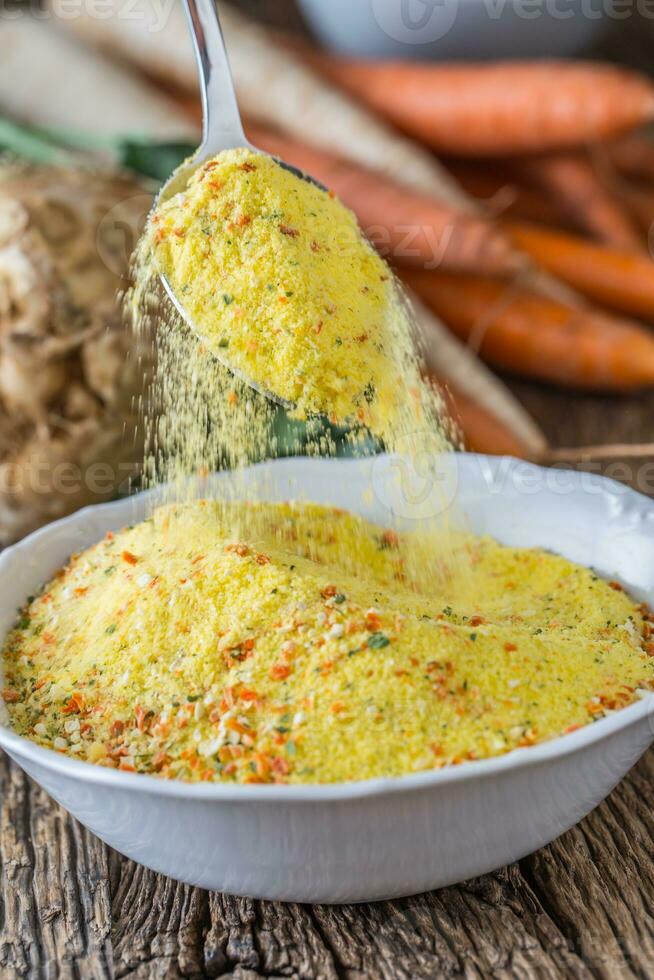 Vegeta seasoning spices condiment with dehydrated carrot parsley celery parsnips and salt with or without glutamate photo