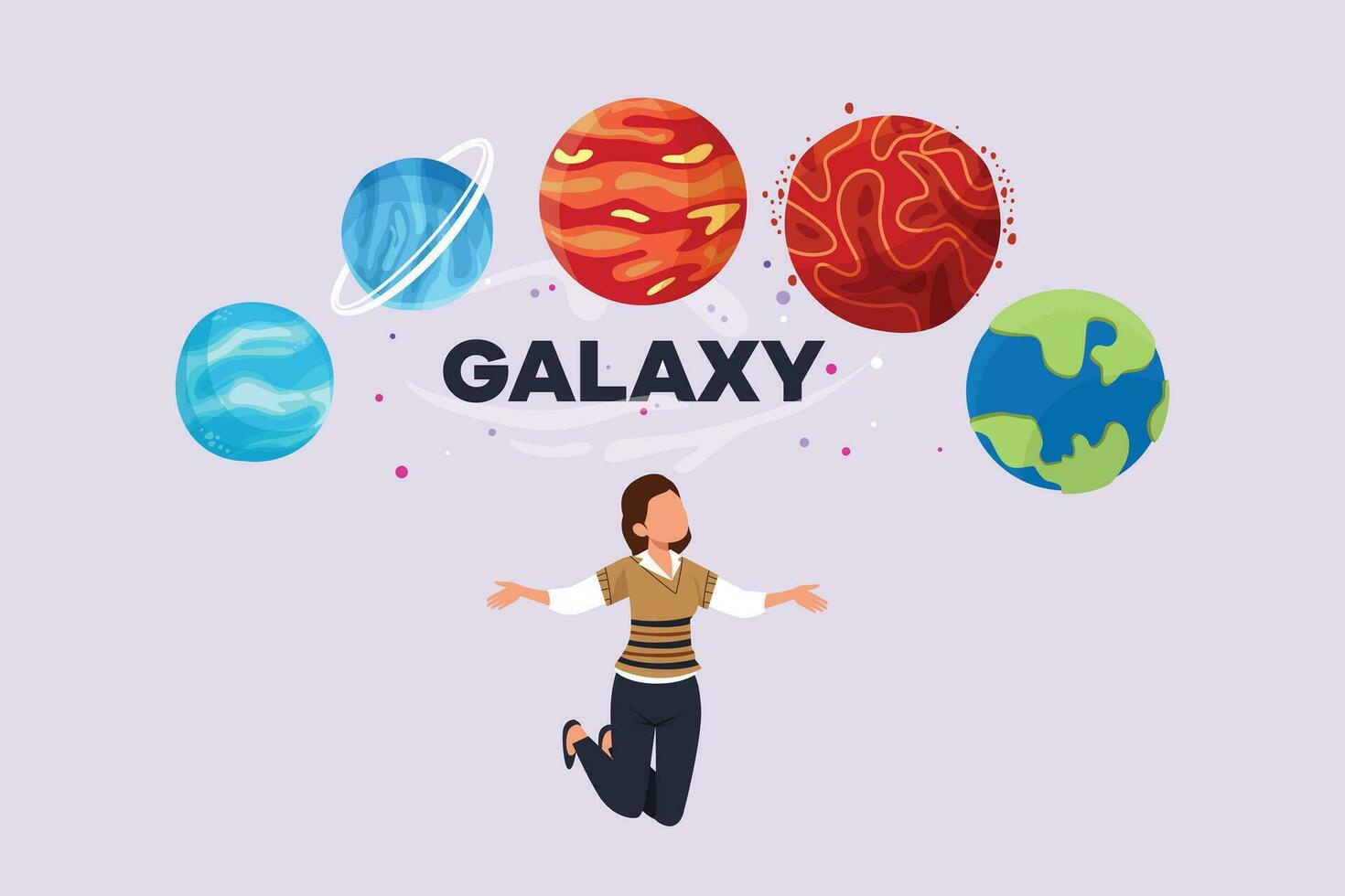 Planets, stars, asteroids, and comets in outer space. Galaxy concept. Colored flat vector illustration isolated.