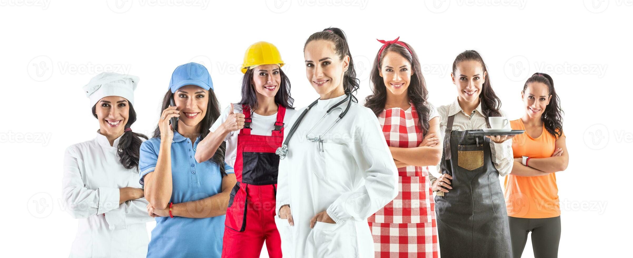 One beautiful woman in several occupations, doctor, worker, cook, waiter, trainer, cleaner and courier on white isolated background. The concept of job positions and employment photo