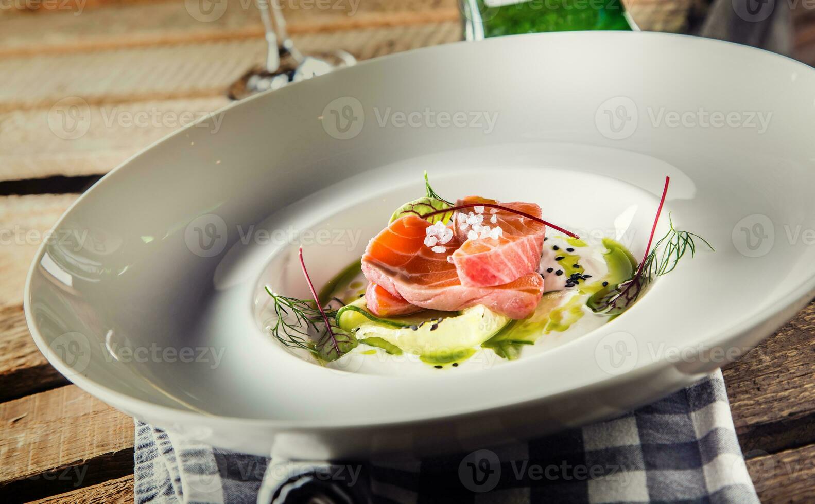 Marinated salmon with cream cucumber and dill. photo