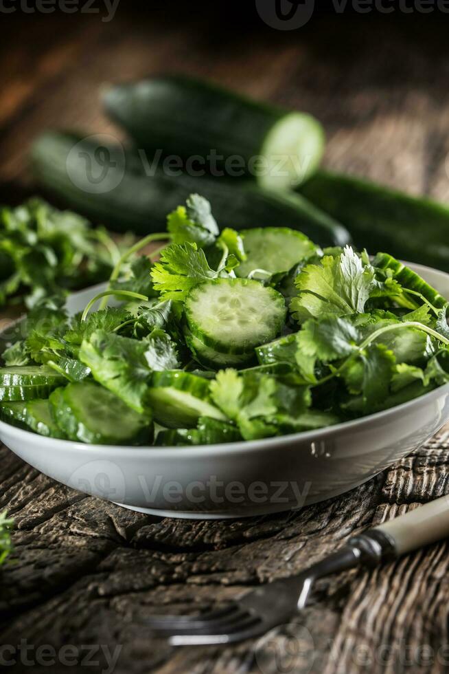 Sliced cucumber on a plate with parsley herb on rustic oak wood. photo
