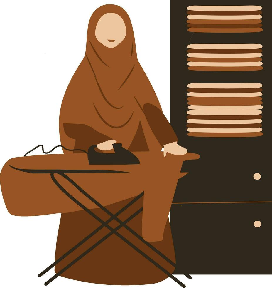 Muslim Woman Hand Ironing Cloth On Ironing Board. Laundry Services