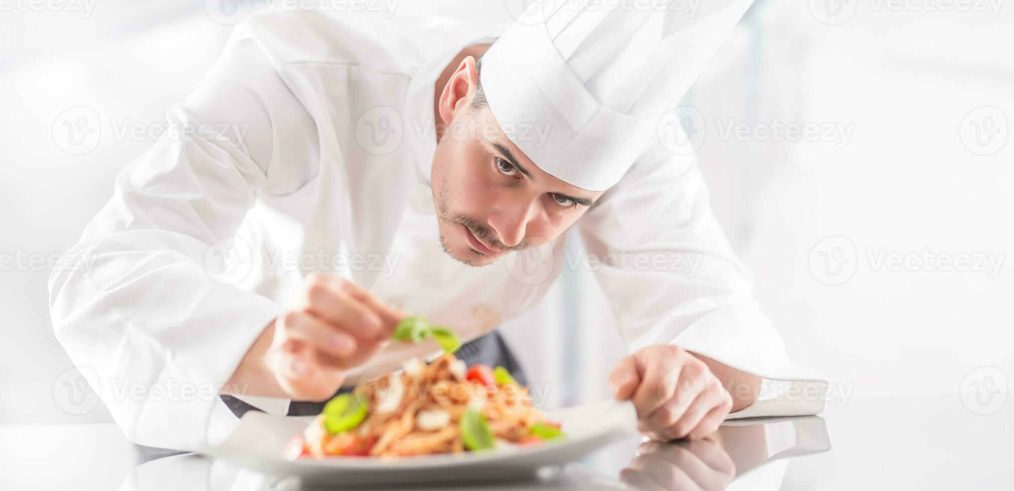 Chef in restaurant kitchen prepares and decorates meal with hand photo