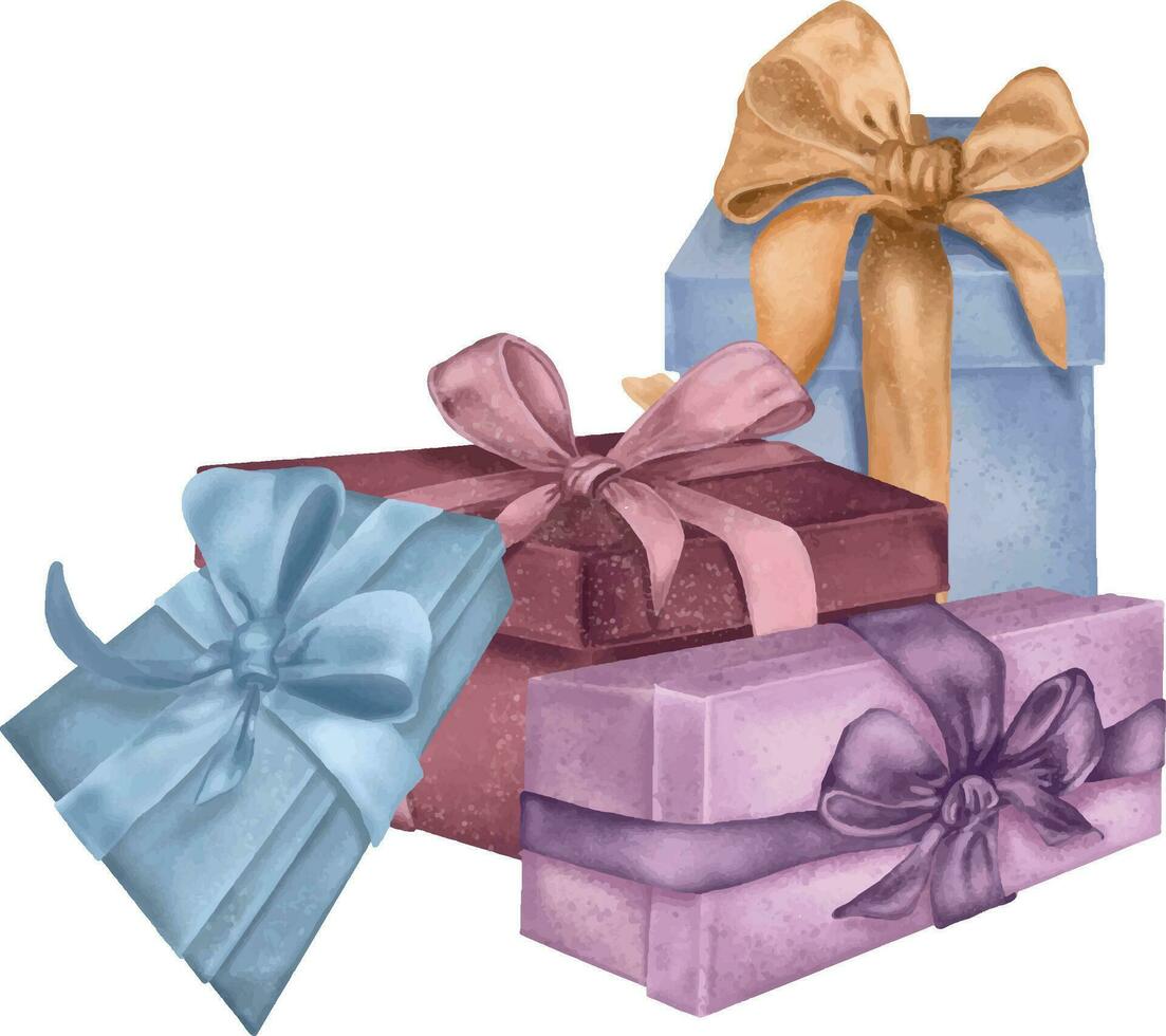 composición de regalo cajas con satín arco digital ilustración acuarela estilo aislado en blanco. presente, envase cinta mano dibujado. elemento para cumpleaños, día festivo, saludo, Navidad diseño vector