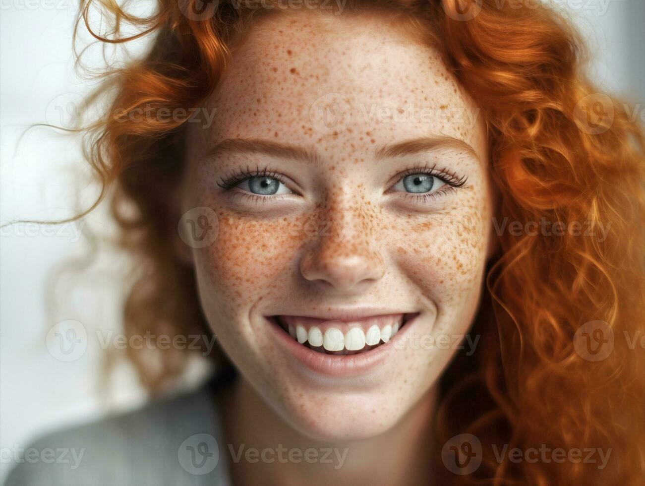 freckles woman fashion portrait young model skin white beauty face closeup. Generative AI. photo