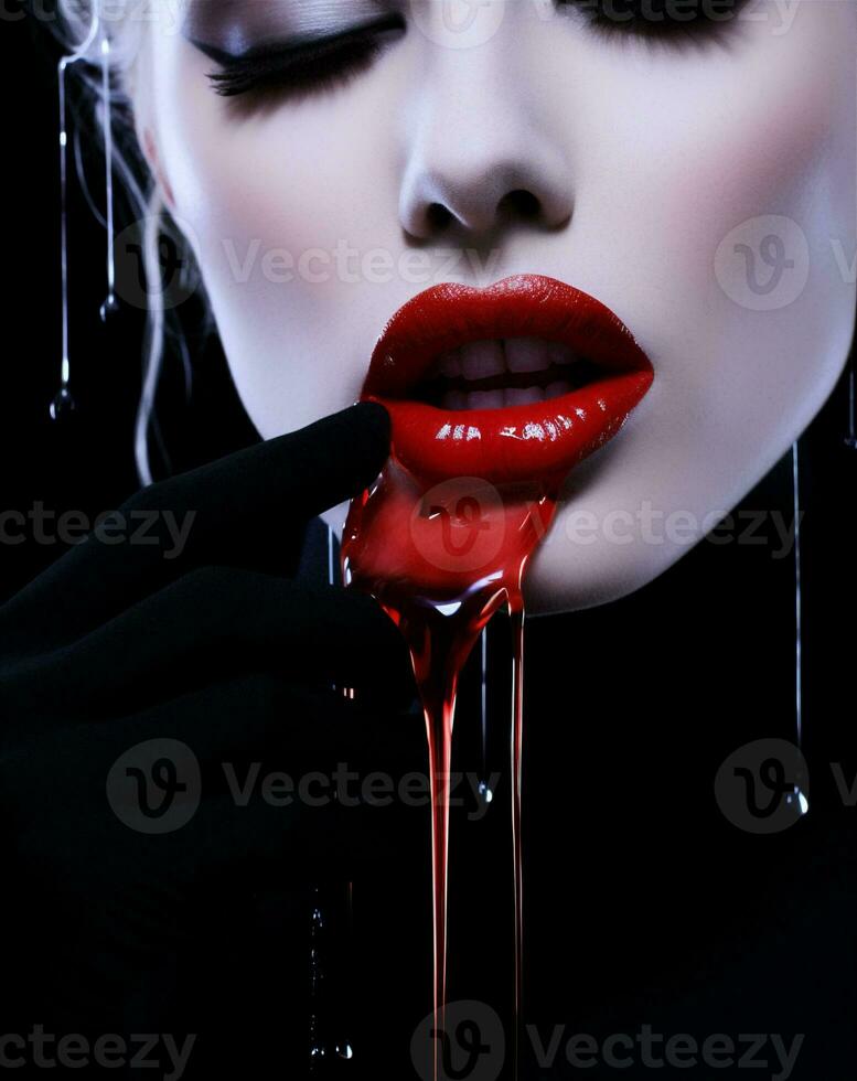 Bloody woman fear halloween horror black red face dark evil blood wet photo