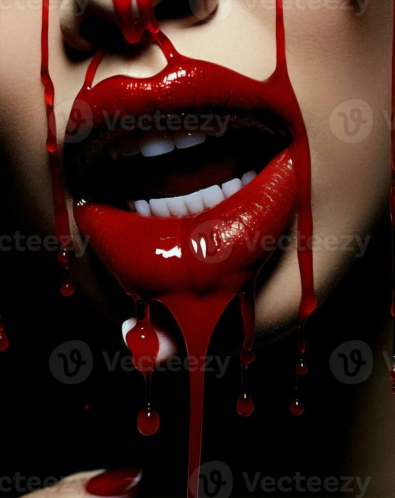 Evil woman bloody dark halloween adult blood fear red horror face skittish photo